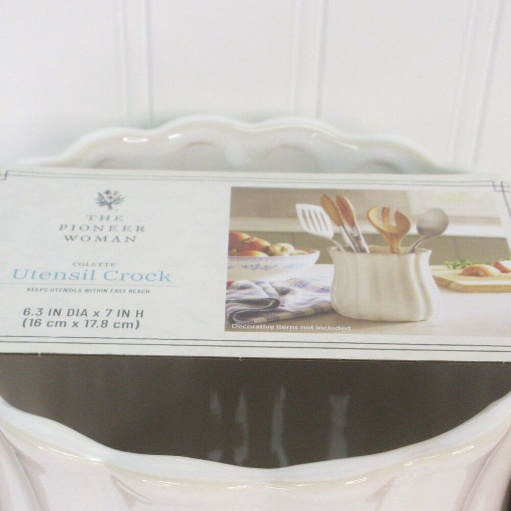 Pioneer Woman Colette Stoneware Utensil Holder White Scalloped Farmhouse Crock - Picture 9 of 11